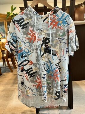 YININF Graffiti Print Short Sleeve Hoodie White Multi-Color Street Art Men's (L)
